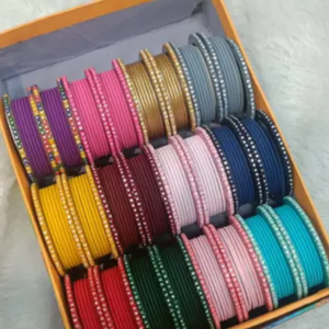 Multicolored Platinum Velvet Bangles Set (12 Set )